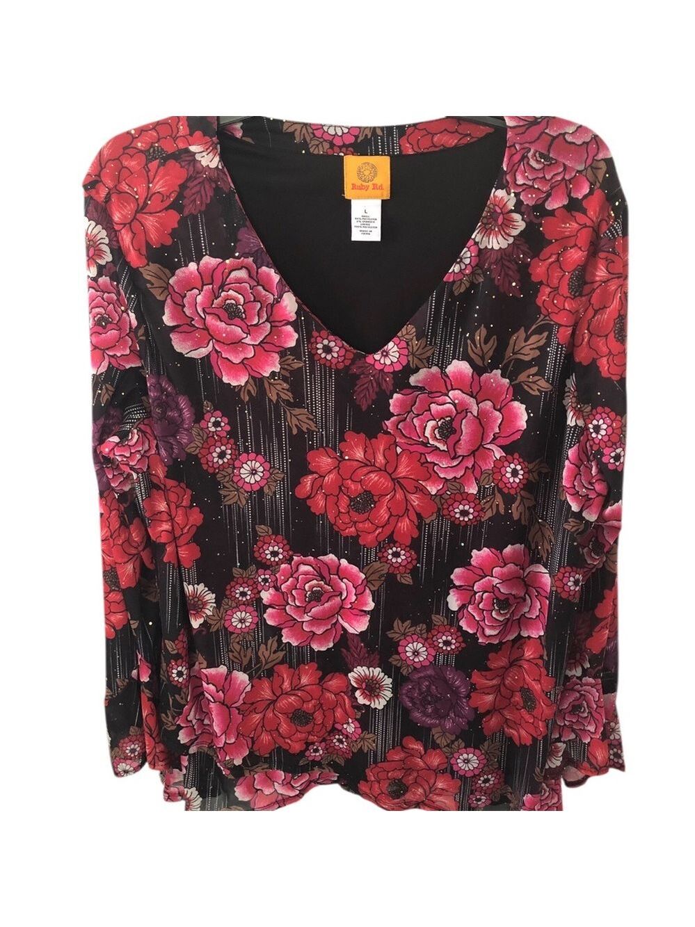 Ruby Rd. Women's Black Floral V-Neck Layered Top Glittering Gold Whimsigoth Bold